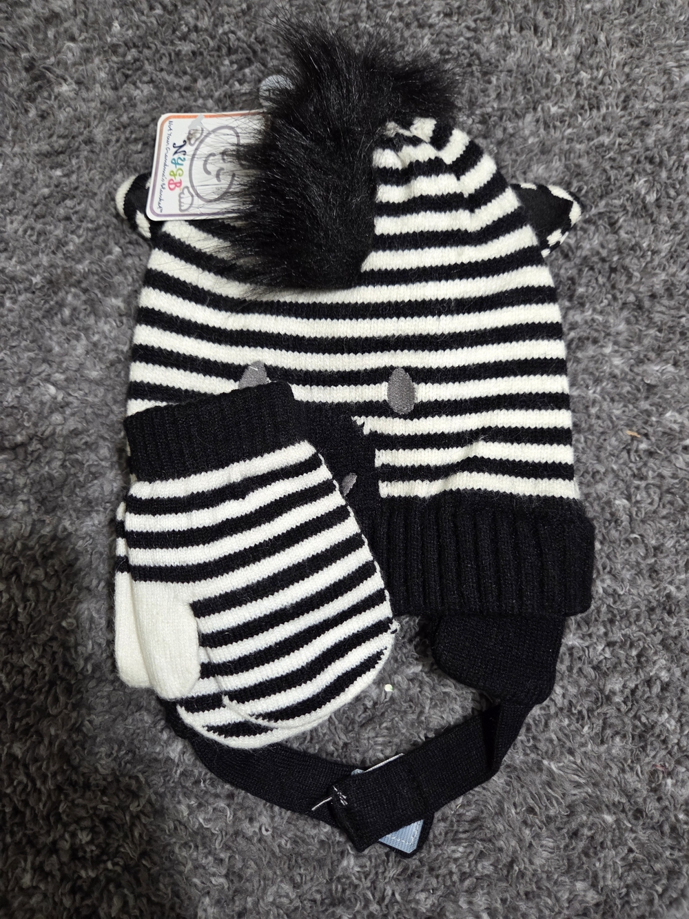 Striped Black & White Knit Earflap Hat with Matching Mittens